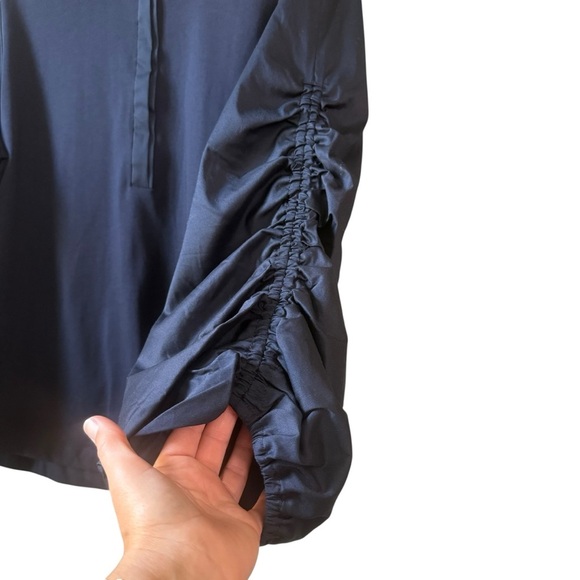 Chico’s Navy Blue Ruched 3/4 Sleeve Mixed Knit Top Size XL NWT - Picture 2 of 7